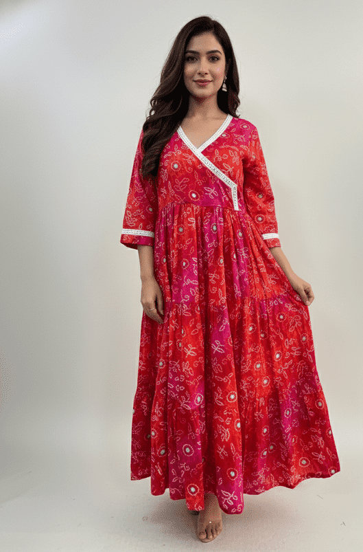 Vibrant Bandhani Angrakha Tiered Maxi Dress with Mirror Work Manuhaar Vibrant Bandhani Angrakha Tiered Maxi Dress with Mirror Work Manuhaar