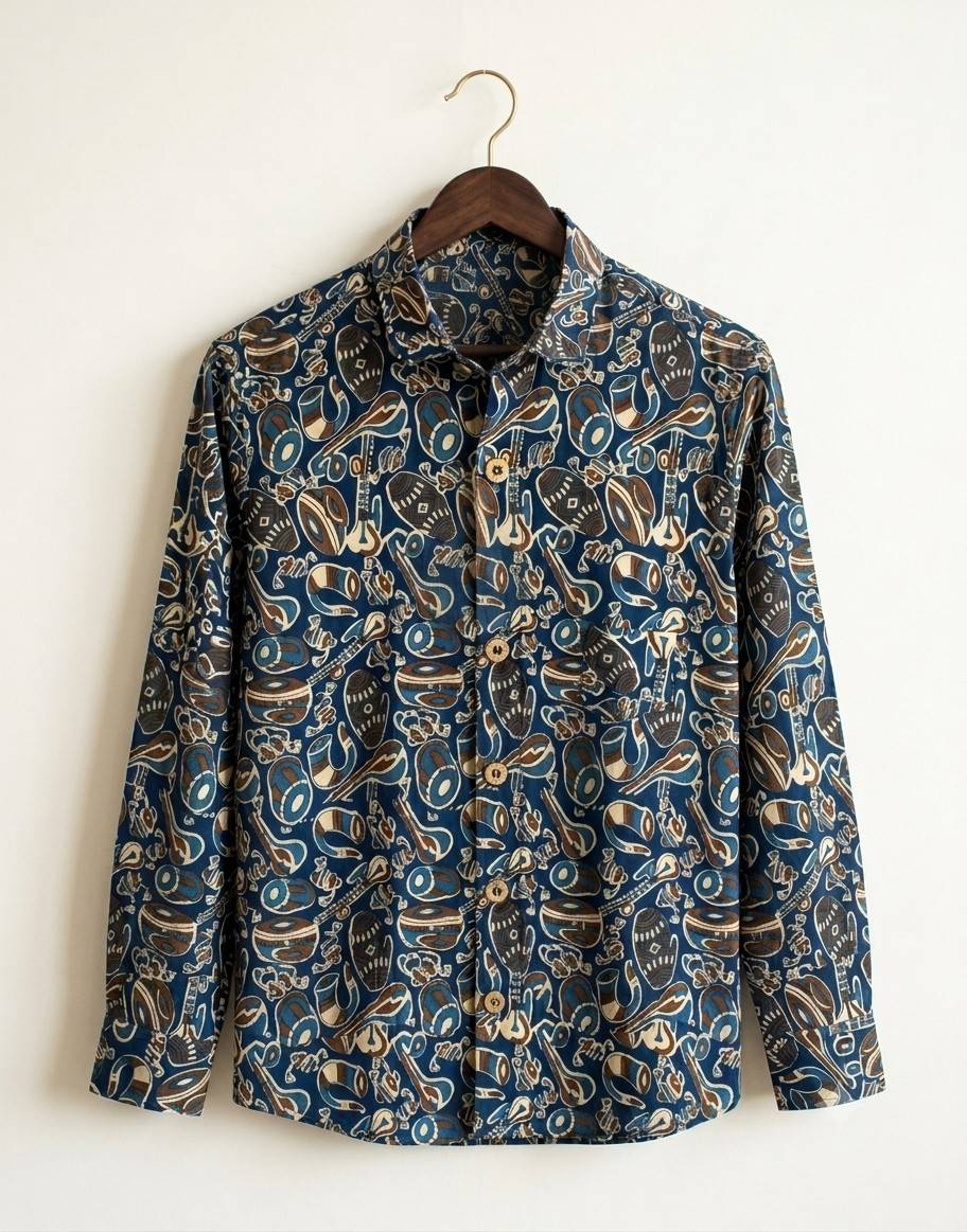 Floral patterned shirt on a hanger against a white background