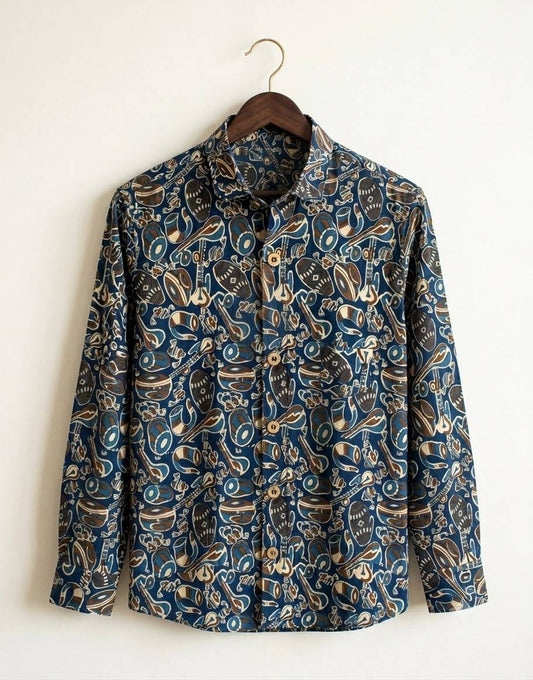 Floral patterned shirt on a hanger against a white background