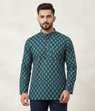 Heritage Teal Leaf Print Short Kurta