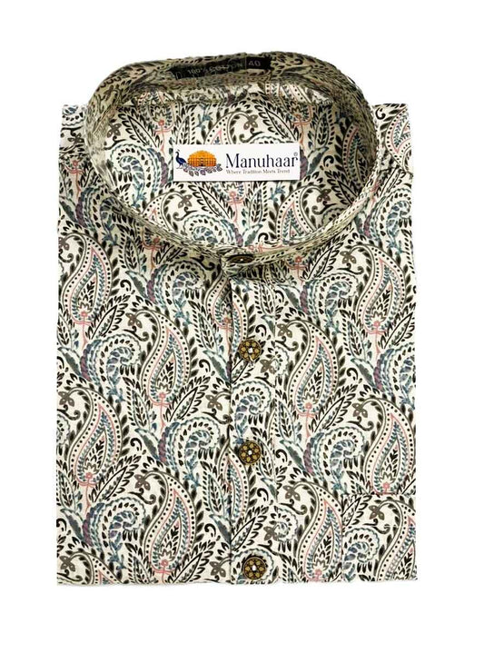 Men's Off-White Pastel Print Short Kurta